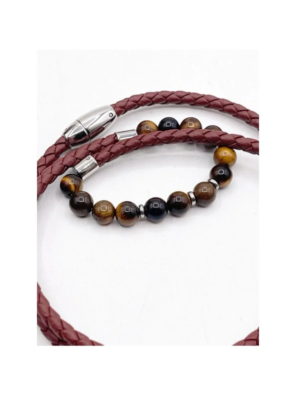 He Rocks Tiger Eye Bead Brown Braided Leather Wrap Bracelet Magnetic Clasp